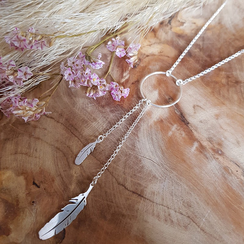 Collier anneau et double plumes argent