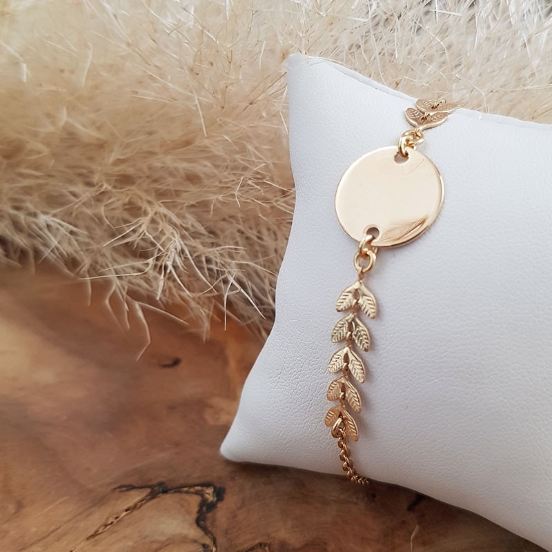 Bracelet feuilles et médaille 15 mm personnalisable plaqué or